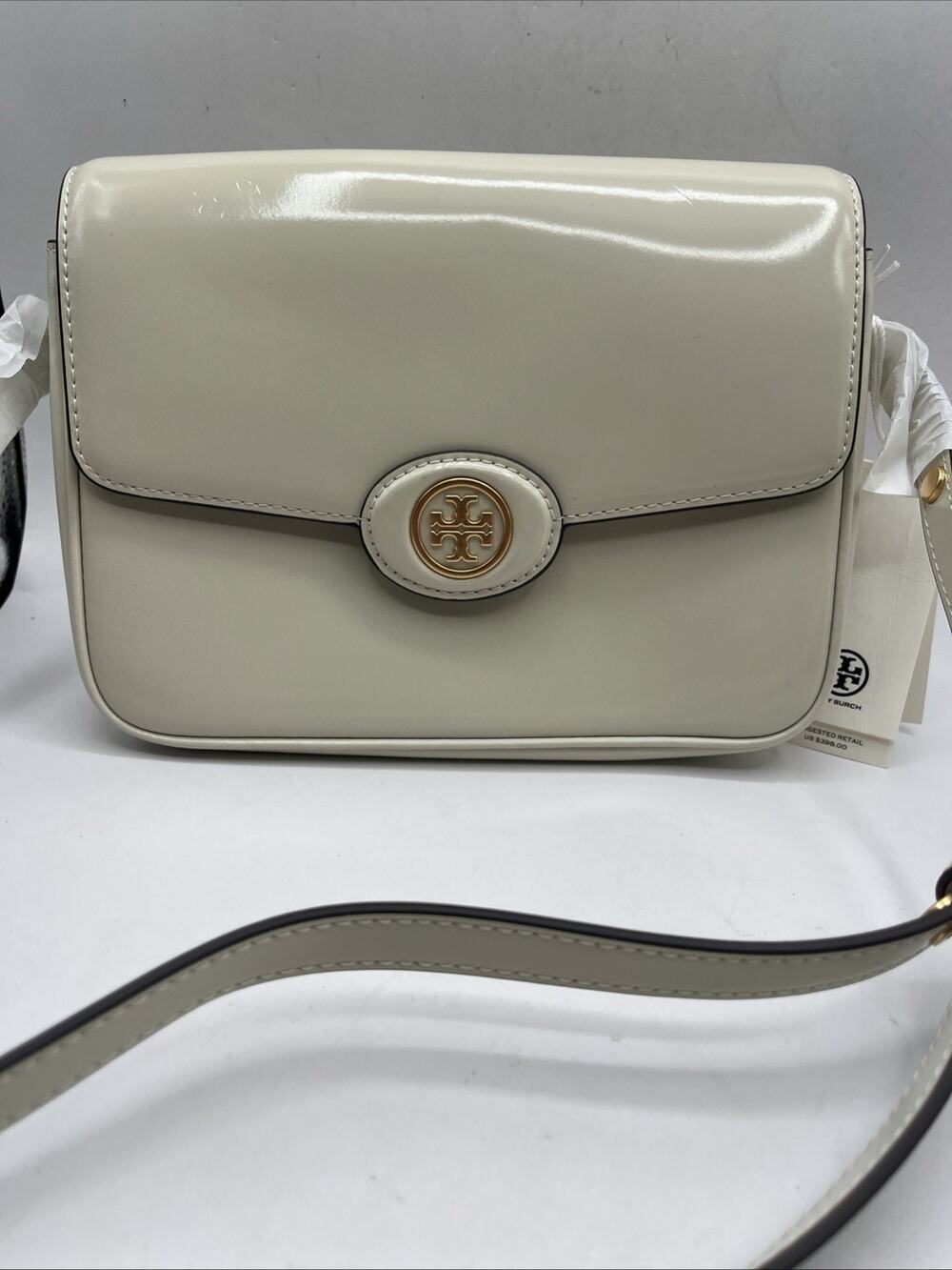 Tory Burch Robinson Spazzolato Convertible Top Handle Bag Patent Leather Ivory